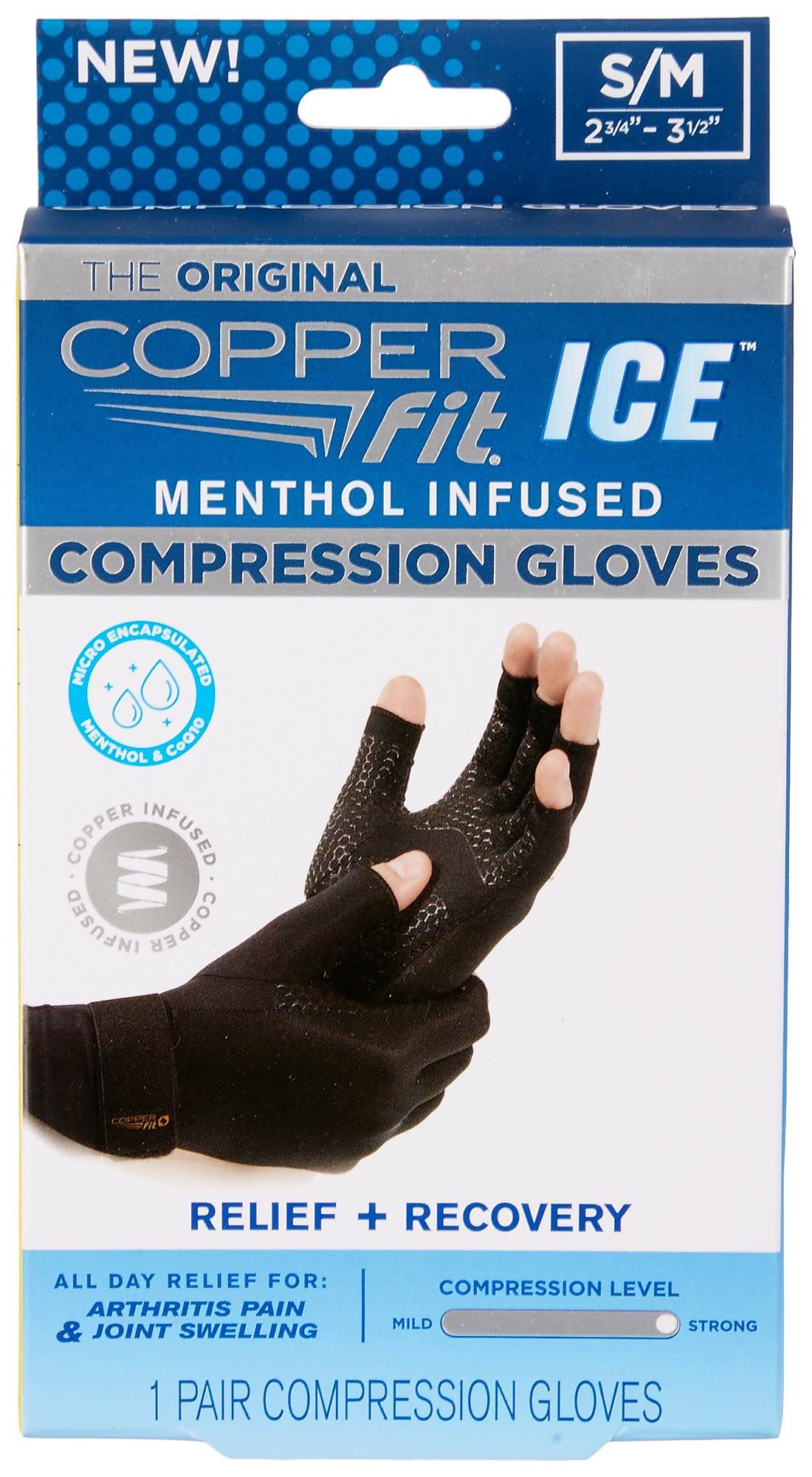 Copper Fit ICE Compression Gloves Infused with Menthol, Black, Small/Medium